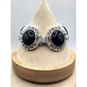 Vintage Sarah Coventry 7.75” Bracelet Silver Toned Rounds With Black Stones